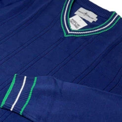 Fellini Pointelle Knit Tipped V-neck Jumper In Navy -Cheap Outfits For Man Store madcap england fellini tipped v neck jumper navy mc1050 5 61488.1695997603