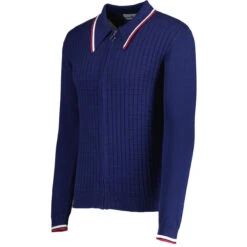 Apollo Mod Grid Check Big Collar Zip Polo Cardigan In Navy -Cheap Outfits For Man Store madcap england grid knit ring zip polo cardigan navy mc1069 21 24189.1693991794