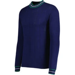 Moore Mod Pointelle Knit Tipped Mock Turtleneck Jumper In Navy -Cheap Outfits For Man Store madcap england moore ls jumper navy mc1049 21 74065.1693991740