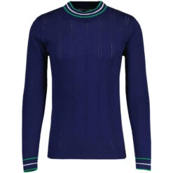 Moore Mod Pointelle Knit Tipped Mock Turtleneck Jumper In Navy -Cheap Outfits For Man Store madcap england moore ls jumper navy mc1049 3 72736.1693991737